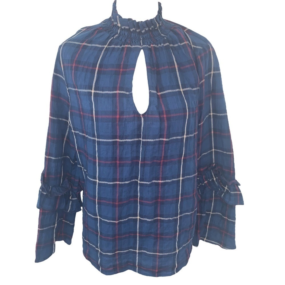 Anthropologie Drew Size XS Plaid Ruffle Sleeve Blouse Blue Red White
